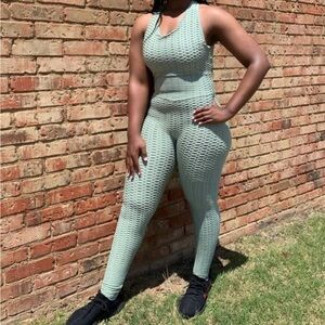 Textured Seamless Sculpting Leggings & Tank Jumpsuit in Mint Green